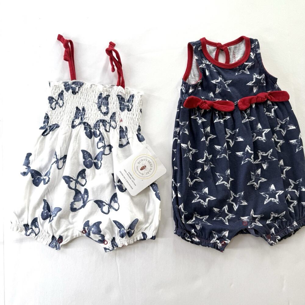 Burt’s Bees 2 Piece Baby Girls Bubble Romper Lot 0-3 And 3-6 Months NEW